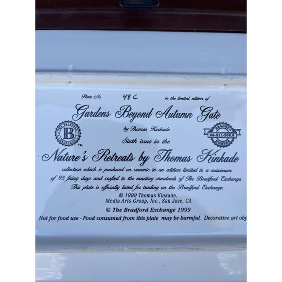 Thomas Kinkade Gardens Beyond Autumn Gate Natures Retreats Framed Plate 1999 - Picture 4 of 4